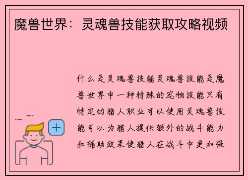 魔兽世界：灵魂兽技能获取攻略视频